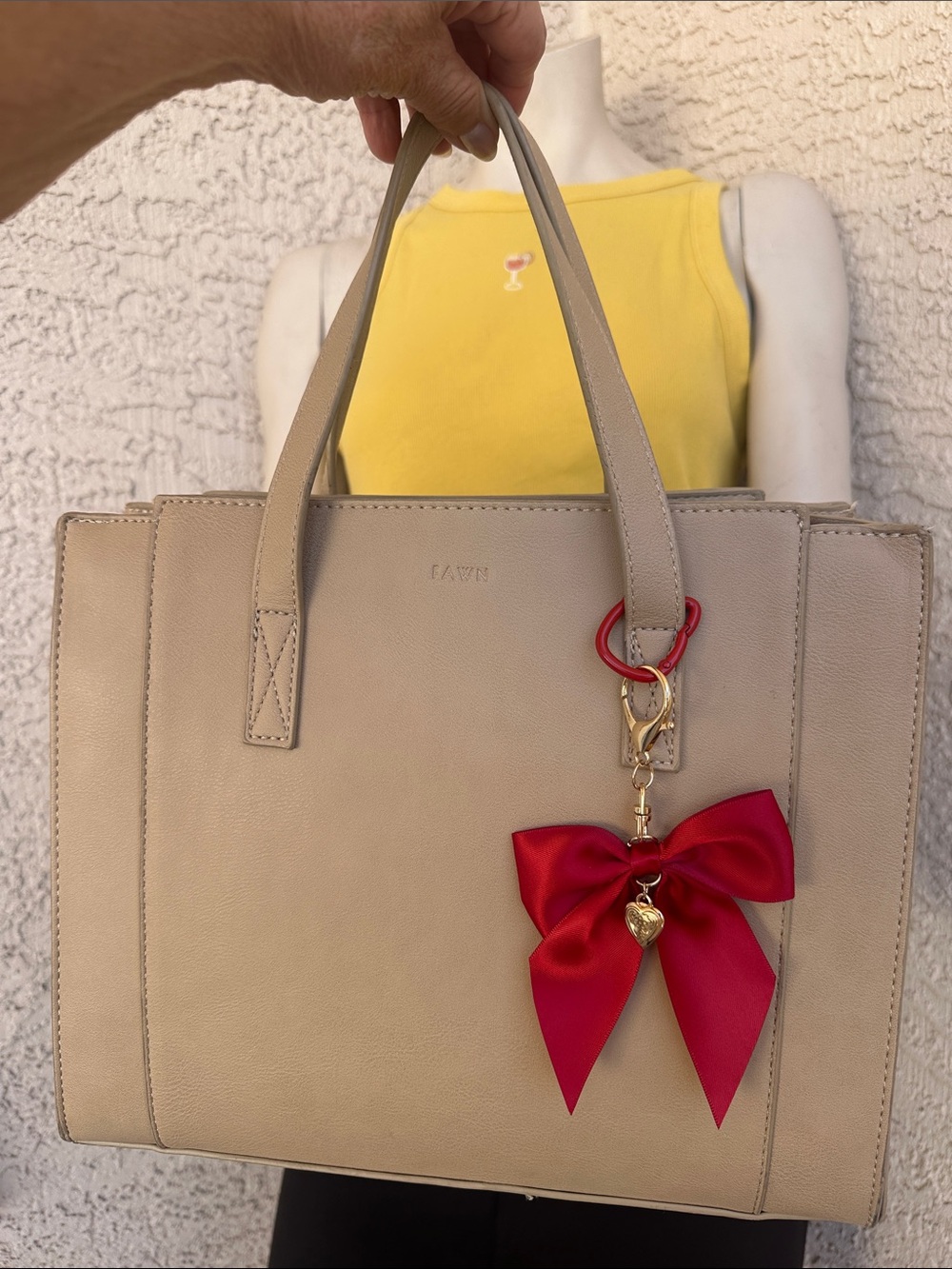 Fawn Design Taupe Tote with Red Bow Charm